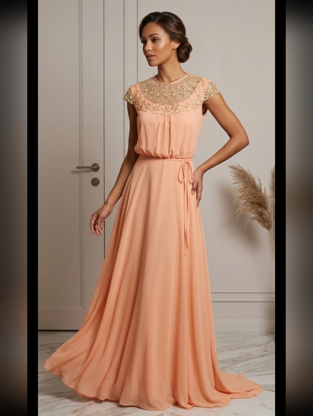 Vintage 70's Bridesmaid Prairie Romantic Renaissance Peach Lace Maxi Dress